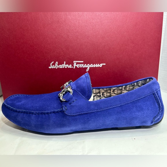 SALVATORE FERRAGAMO DRIVER LOAFER GANCINI ORNAMENT BLUE SUEDE SZ 9.5 E - NEW! - Picture 4 of 16